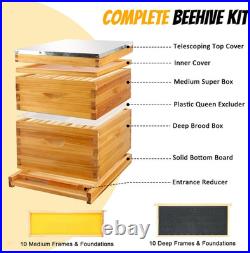 10-Frame Beehives Starter Kit Complete Langstroth Hive with 1 Deep Brood Box &