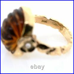 14K Gold Arts & Crafts Carved Honey Citrine Beehive Pearl Floral Dome Ring 6 VTG