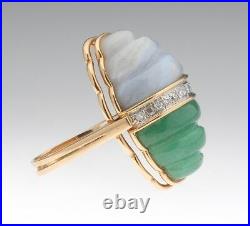14K Yellow Gold Diamond Cocktail Ring Carved Aventurine Lavender Banded Agate