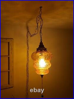 2 AVAIL Vintage Swag Lamp Amber Beehive Crackle Glass MCM Hanging Light