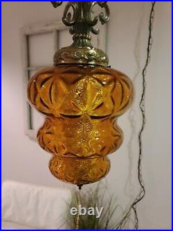 2 AVAIL Vintage Swag Lamp Amber Beehive Textured Glass MCM Hanging Light REWIRED