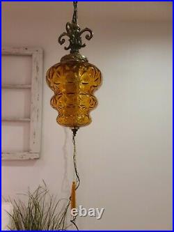2 AVAIL Vintage Swag Lamp Amber Beehive Textured Glass MCM Hanging Light REWIRED