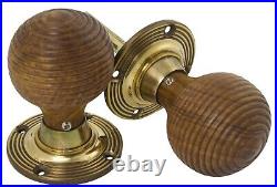 6 Pairs Of Rosewood & Aged Brass Beehive Wood Mortice Rim Door Knob Knobs