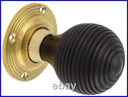 6 Pairs of Black Ebonised Wooden Beehive Door Knobs Brass Handle Hard Wood Rim