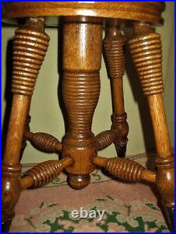 ANTIQUE PIANO ORGAN STOOL SOLID OAK withCLAW & BALL FEET BEE HIVE TURNINGS CA 1900