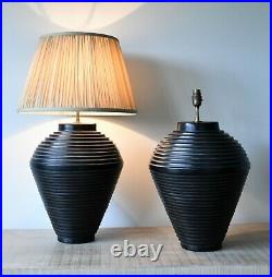A Pair of Stylish French Beehive Shape Black Pottery Brass Side Table Hall Lamps