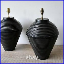 A Pair of Stylish French Beehive Shape Black Pottery Brass Side Table Hall Lamps