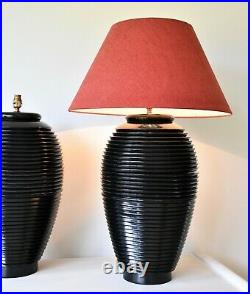 A Pair of Stylish Large Beehive Shape Black Lacquer Brass Side Table Hall Lamps