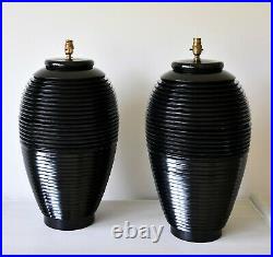 A Pair of Stylish Large Beehive Shape Black Lacquer Brass Side Table Hall Lamps