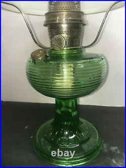 Aladdin Oil Lamp Green Beehive Lamp With Milk glass Shade, Chimney, model b burner