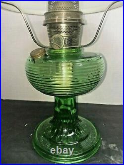 Aladdin Oil Lamp Green Beehive Lamp With Milk glass Shade, Chimney, model b burner