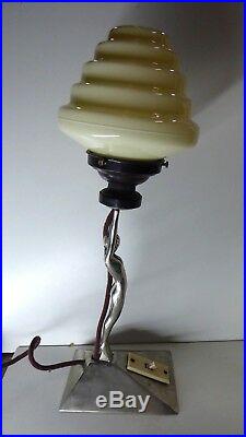 Antique Chrome Diana Naked Lady Art Deco Statue Lamp Beehive Glass Lightshade