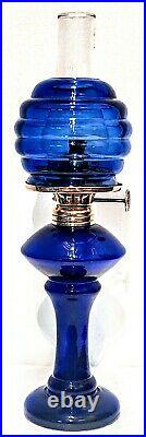 Antique Cobalt Blue Miniature Stand Oil Lamp Beehive Shade Acorn Burner Working