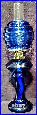 Antique Cobalt Blue Miniature Stand Oil Lamp Beehive Shade Acorn Burner Working
