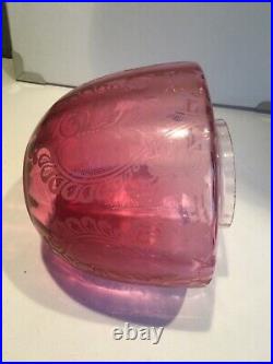 Antique Cranberry Acid Etched Beehive Shaped Oil Lamp Shade