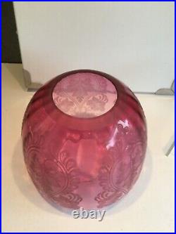 Antique Cranberry Acid Etched Beehive Shaped Oil Lamp Shade