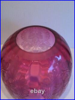 Antique Cranberry Acid Etched Beehive Shaped Oil Lamp Shade