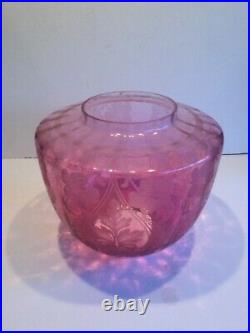 Antique Cranberry Acid Etched Beehive Shaped Oil Lamp Shade