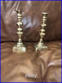 Antique English Diamond And Beehive Style Brass Candlestick Pair