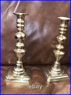 Antique English Diamond And Beehive Style Brass Candlestick Pair