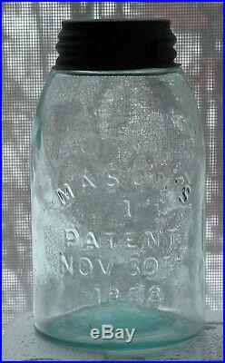 Antique Fruit Jar Masons 1 Patent 1858 Aqua Midget Pint Early Beehive