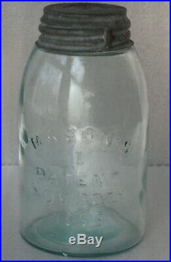 Antique Fruit Jar Masons 1 Patent 1858 Aqua Midget Pint Early Beehive