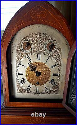 Antique German Kienzle Shelf Clock, Beehive Wood Case Westminster Chimes