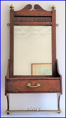 Antique Oak Bathroom Mirror Shaving Cabinet Brass Towel Rail + Beehive Finials