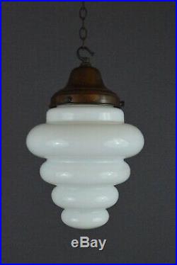 Antique Opaline White Glass Beehive Shaped Pendant Light Rewired