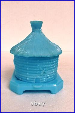 Antique Vallerysthal Bee Hive Covered Honey Pot Dish Jar Blue Color Collectibles