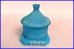 Antique Vallerysthal Bee Hive Covered Honey Pot Dish Jar Blue Color Collectibles