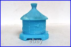 Antique Vallerysthal Bee Hive Covered Honey Pot Dish Jar Blue Color Collectibles