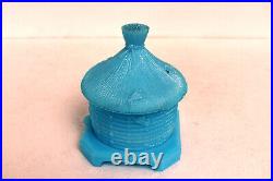 Antique Vallerysthal Bee Hive Covered Honey Pot Dish Jar Blue Color Collectibles
