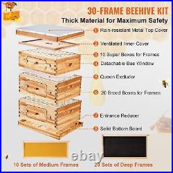 Bee Hive 30 Frame Bee Hives Starter Kit, Beeswax Coated Cedar Wood, 2 Deep +