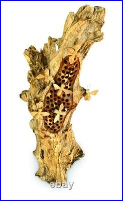 Beehive Sculpture 60cm with 8 Bees, Teak Root Ornament