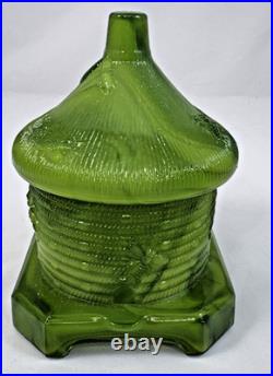 Boyd Green Slag Milk Glass Bee Hive Honey Pot Covered Dish-MARKED