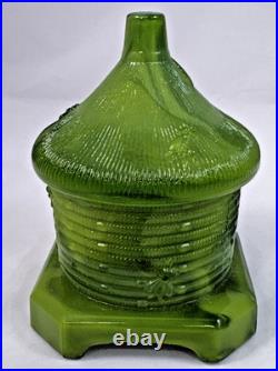 Boyd Green Slag Milk Glass Bee Hive Honey Pot Covered Dish-MARKED