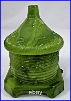 Boyd Green Slag Milk Glass Bee Hive Honey Pot Covered Dish-MARKED