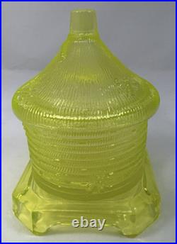 Boyd Vaseline Glass Bee Hive Honey Pot Covered Dish-MARKED