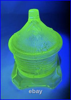 Boyd Vaseline Glass Bee Hive Honey Pot Covered Dish-MARKED