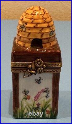 French Limoges Trinket Box Beehive with Colorful Flowers & Removable Honeycomb