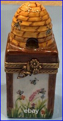 French Limoges Trinket Box Beehive with Colorful Flowers & Removable Honeycomb