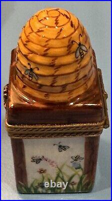 French Limoges Trinket Box Beehive with Colorful Flowers & Removable Honeycomb
