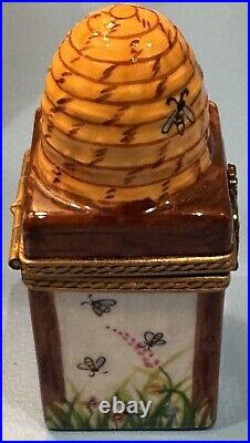 French Limoges Trinket Box Beehive with Colorful Flowers & Removable Honeycomb