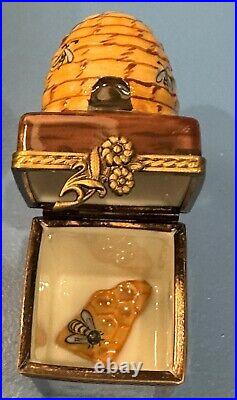 French Limoges Trinket Box Beehive with Colorful Flowers & Removable Honeycomb