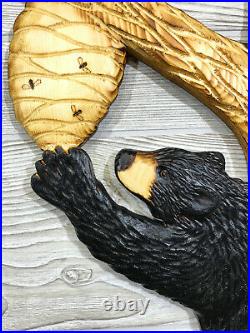 Hand Carved BLACK BEAR CUB & BEEHIVE on BRANCH Wall Art Wood Carving Chainsaw