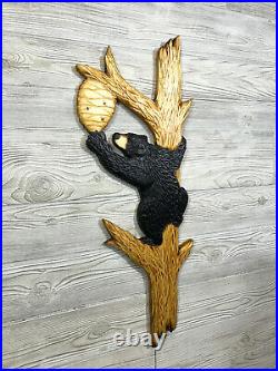 Hand Carved BLACK BEAR CUB & BEEHIVE on BRANCH Wall Art Wood Carving Chainsaw