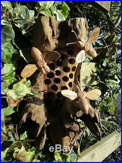 Hand Made Carved Wooden Garden Bumble Bee And Hive Wall Art Plaque Sculpture