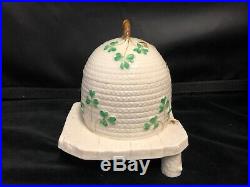 Irish Belleek Porcelain Beehive With Green Shamrocks And Bees- Black Mark