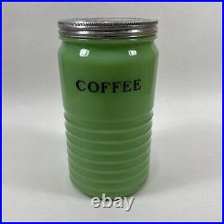 Jeannette Jadeite Green Beehive Ribbed Glass UV Glow Coffee Canister 2114-2